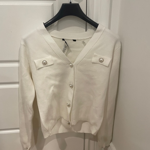T tahari faux pearl button sweater cardigan in white size small - Picture 3 of 10